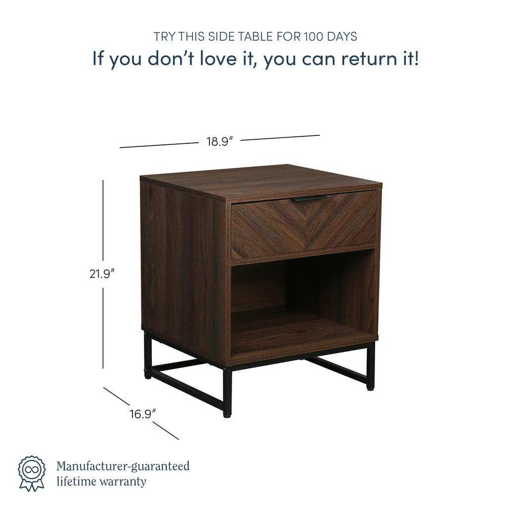 Walnut Rustic Nightstand with Open Cubby and Drawer Z245