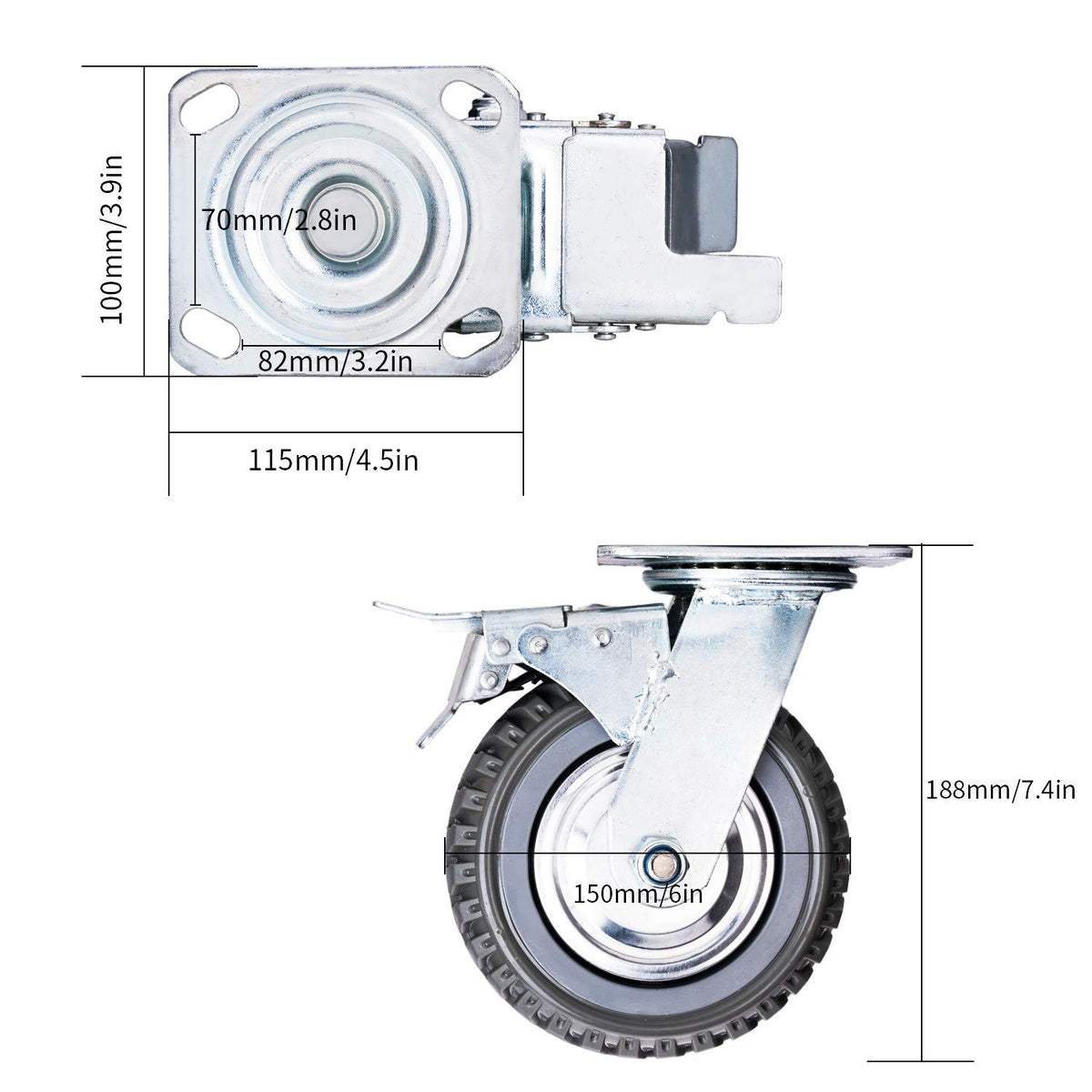 6 inch Heavy Duty Rubber Swivel Caster Wheels 4 Pack with Top Plate W645