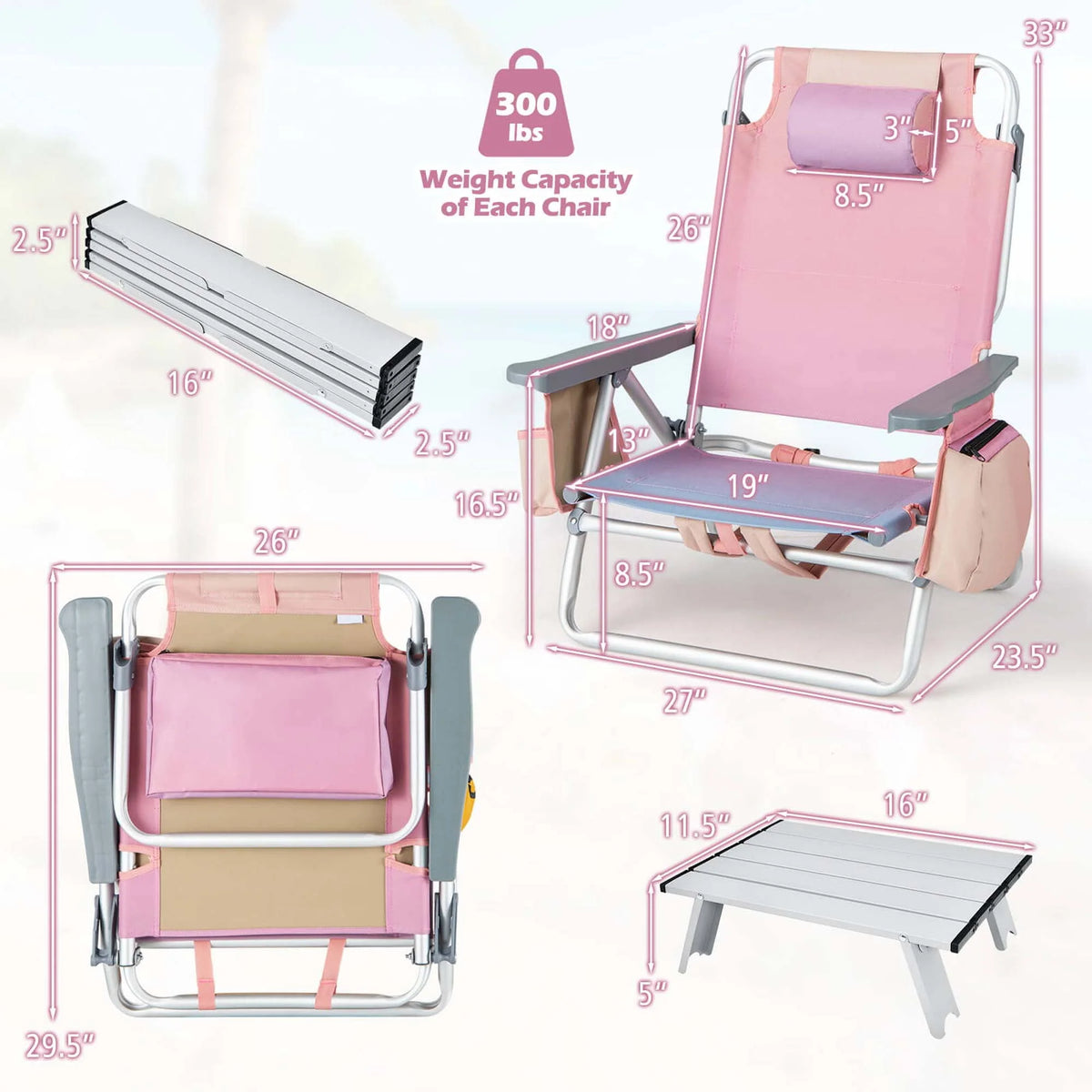 2-Pack Folding Backpack Beach Chair Pink H497132