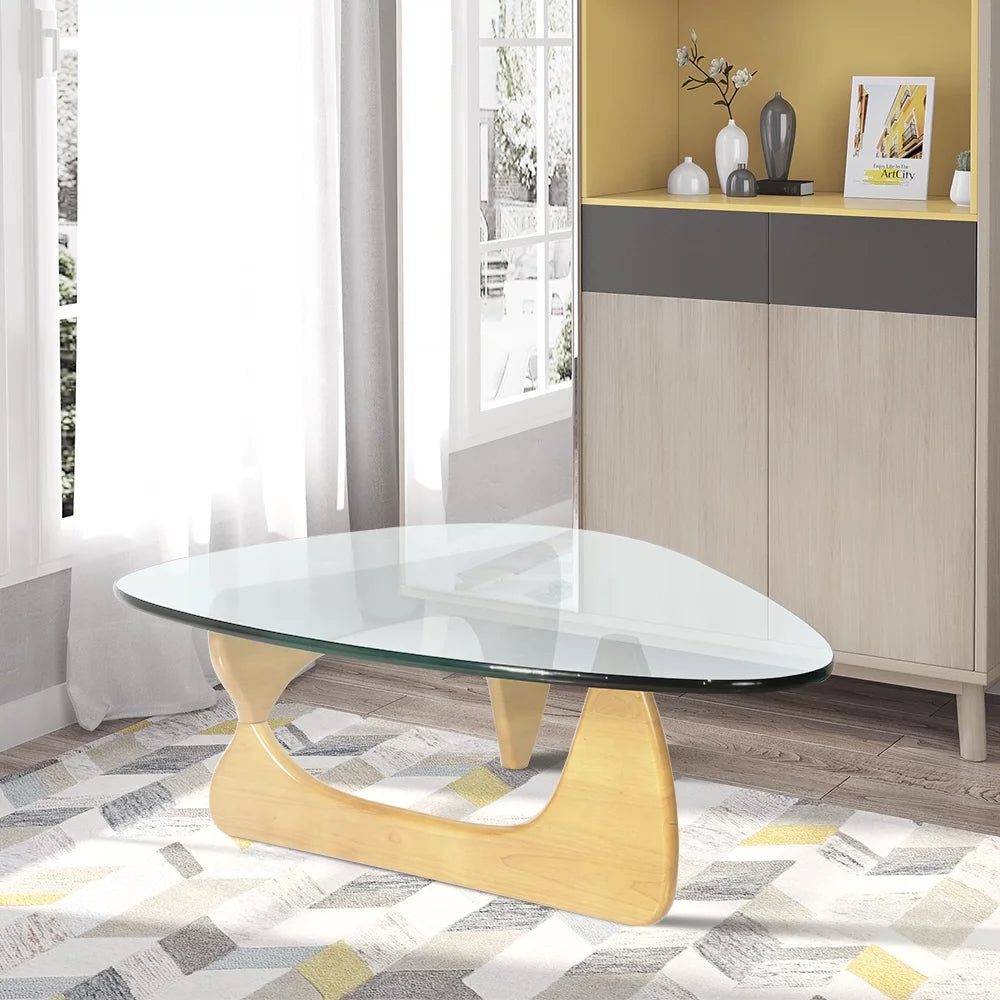 Modern Triangle Coffee Table Glass Top Wood Base S787520