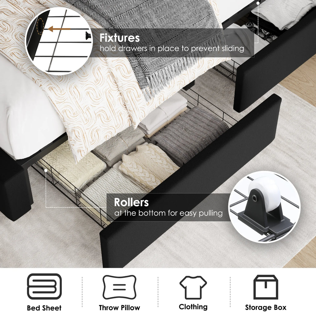 Queen Size Storage Bed with Tall Headboard and Drawers F337584