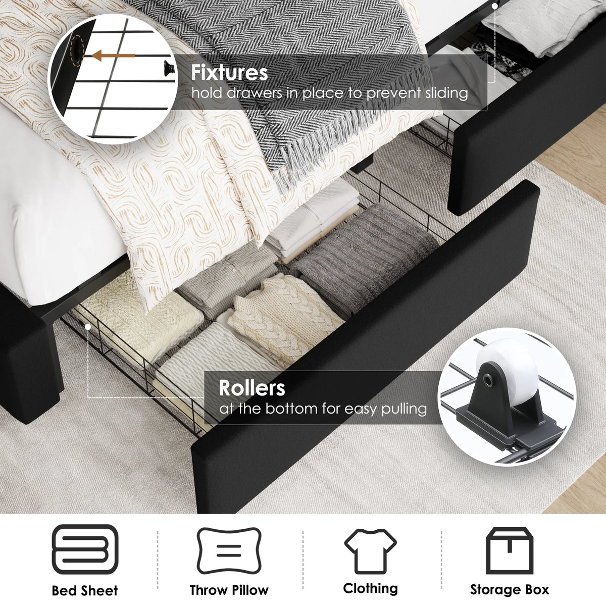 Queen Size Storage Bed with Tall Headboard and Drawers F337584