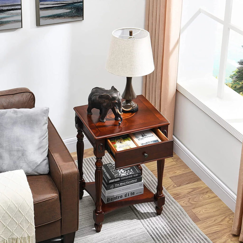 Solid Wood End Tables with Drawer 19.7"x 15.7"x 27.6" Cherry Walnut R118