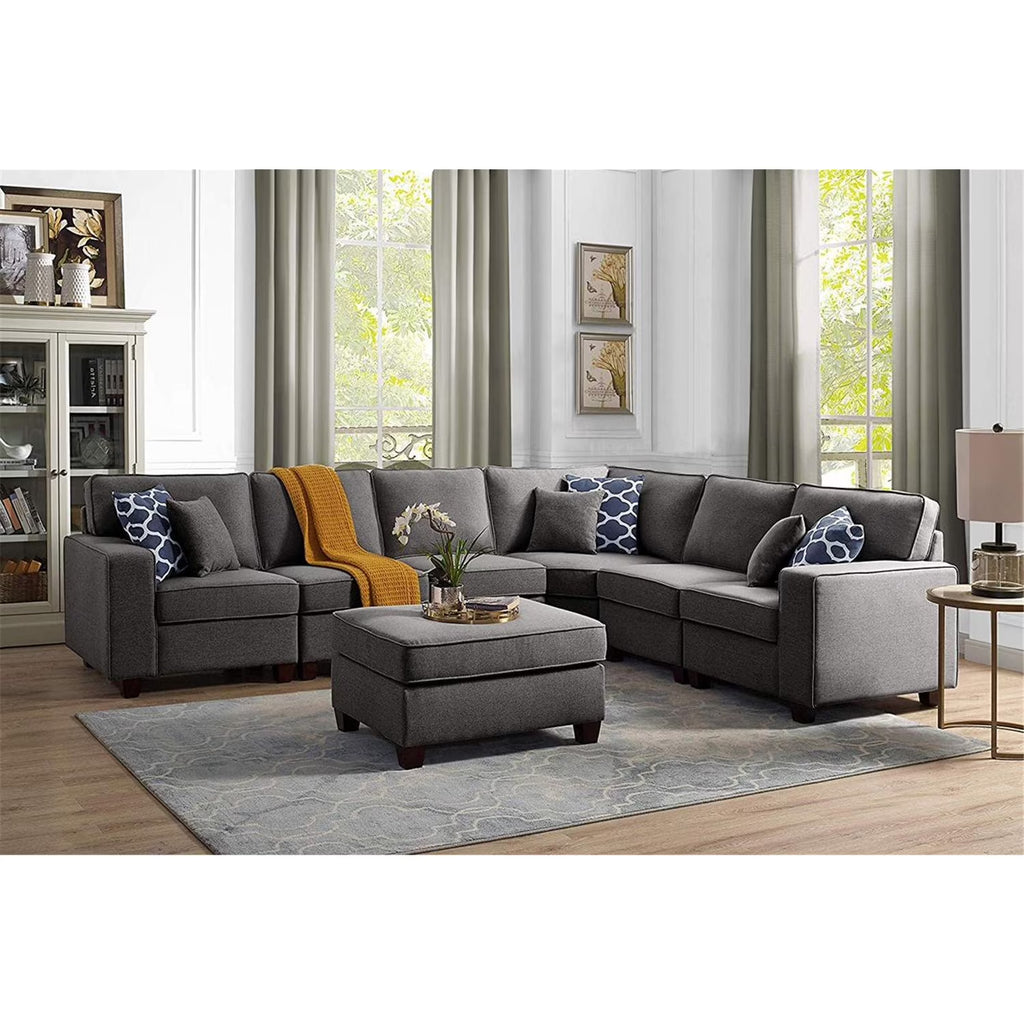 Dark Gray Linen 7Pc Modular Sectional Sofa and Ottoman J446