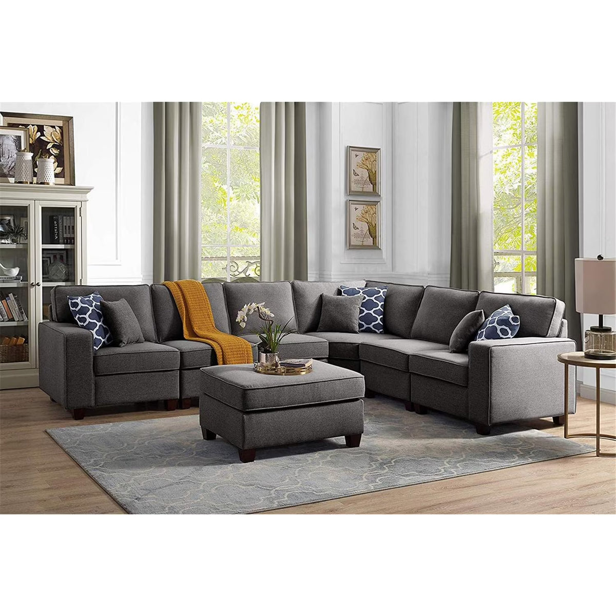 Dark Gray Linen 7Pc Modular Sectional Sofa and Ottoman J446