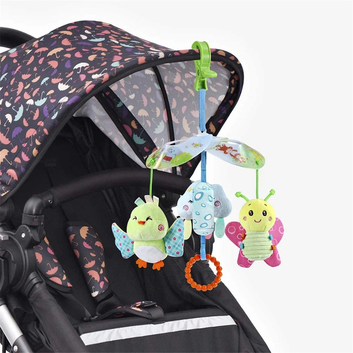 Baby Car Seat Toys Clip On Stroller Toy with Birds and Bees Hanging Rattle, Two Wrist Rattles J74478