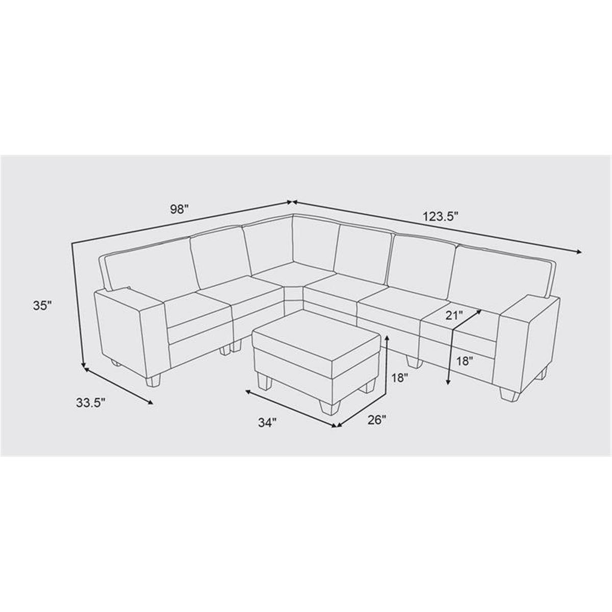 Dark Gray Linen 7Pc Modular Sectional Sofa and Ottoman J446