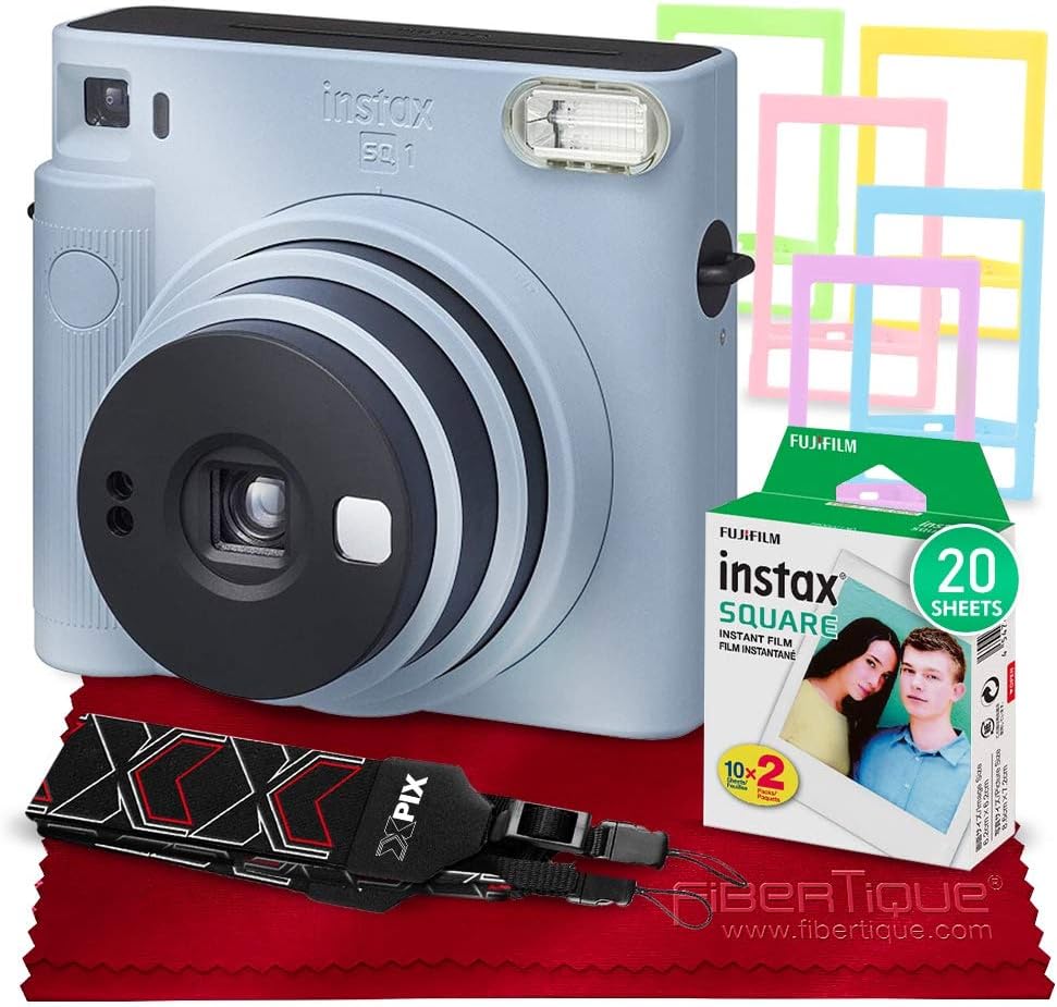 Glacier Blue Instant Camera Bundle with Square Instant Film (20 Exposures), Camera Strap, Color Plastic Frames K567642