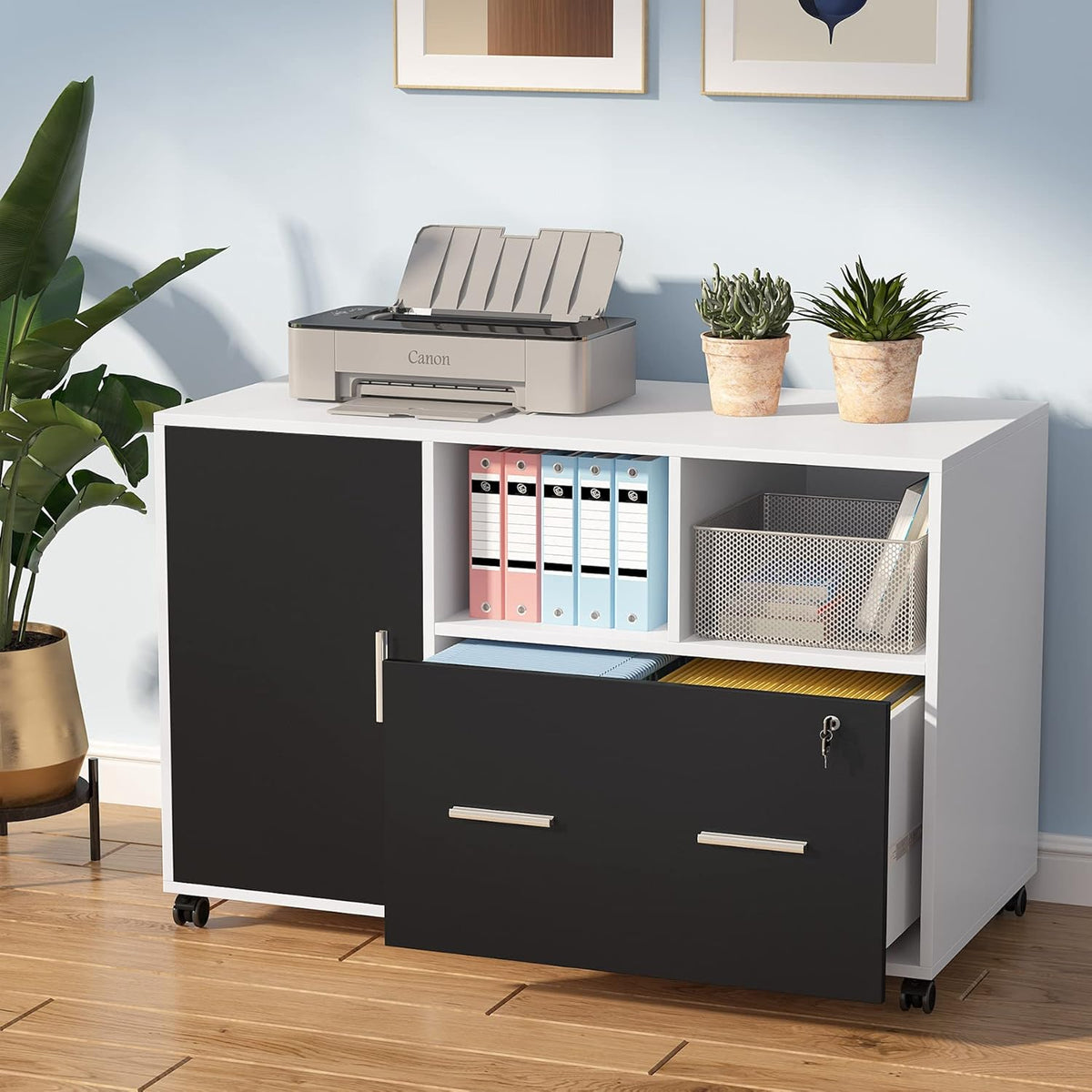 Black & White Mobile Filing Cabinet with Lock and Drawer and Storage Shelves N763