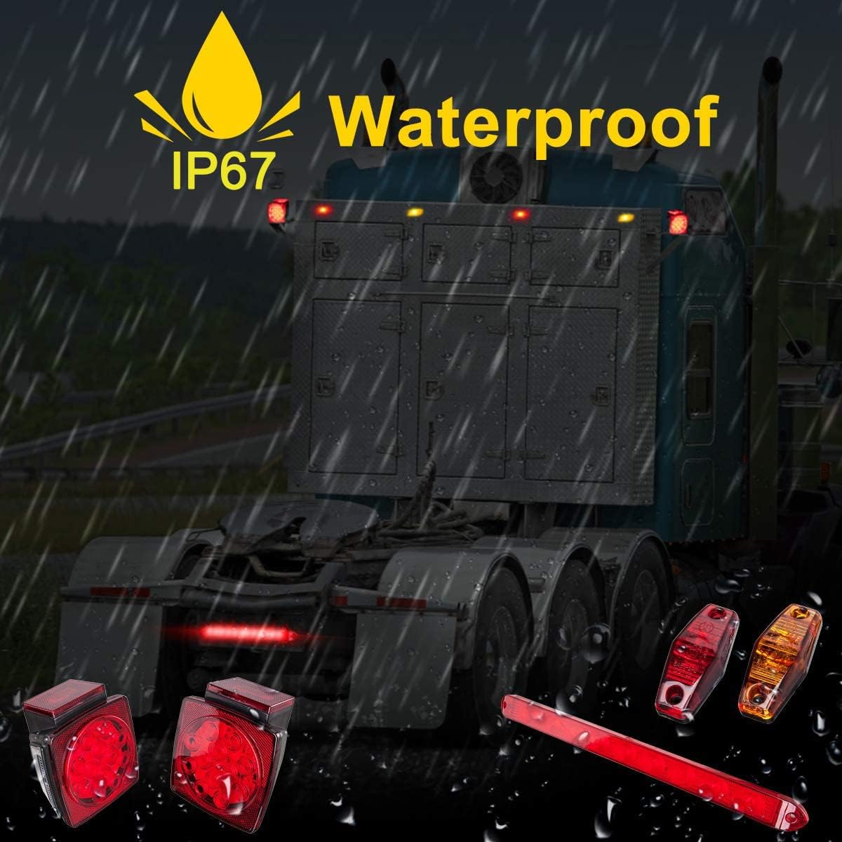 LED Trailer Lights Kit, Submersible Square Stop Turn Tail Lights with Wire & Bracket, Red/Amber Side Marker Lights, 3rd Brake ID Light Bar Y39175