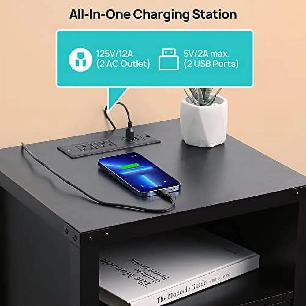 Nightstand with LED Lights and Charging Station Grey C35951