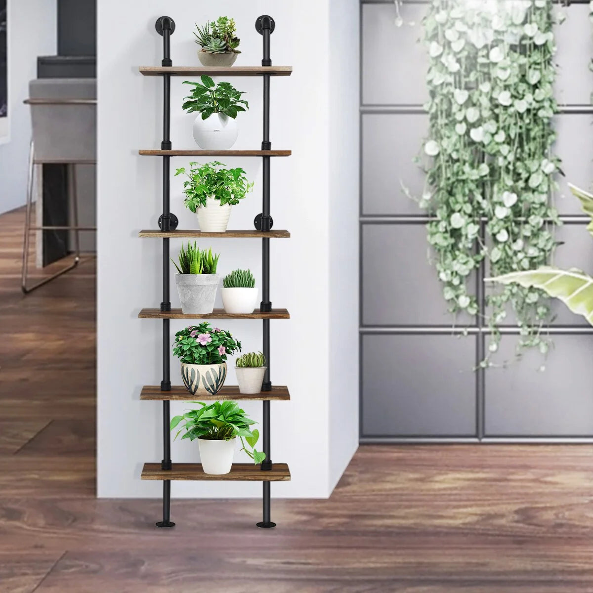 Brown 6-Shelf Rustic Pipe Shelving Unit L844635