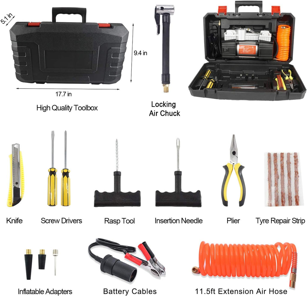 Portable Air Compressor Pump Tire Inflator with Digital Gauge, Heavy Duty Double Cylinder 12V Tire Pump 150 PSI with Tire Repair Kit and Toolbox, Pack of 2 N344