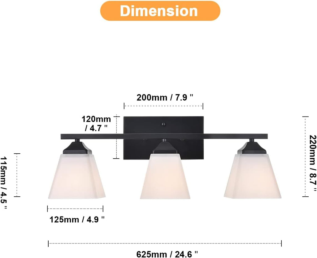 3 Light Black Bathroom Vanity Light Fixture with Opal White Glass Shade T6236