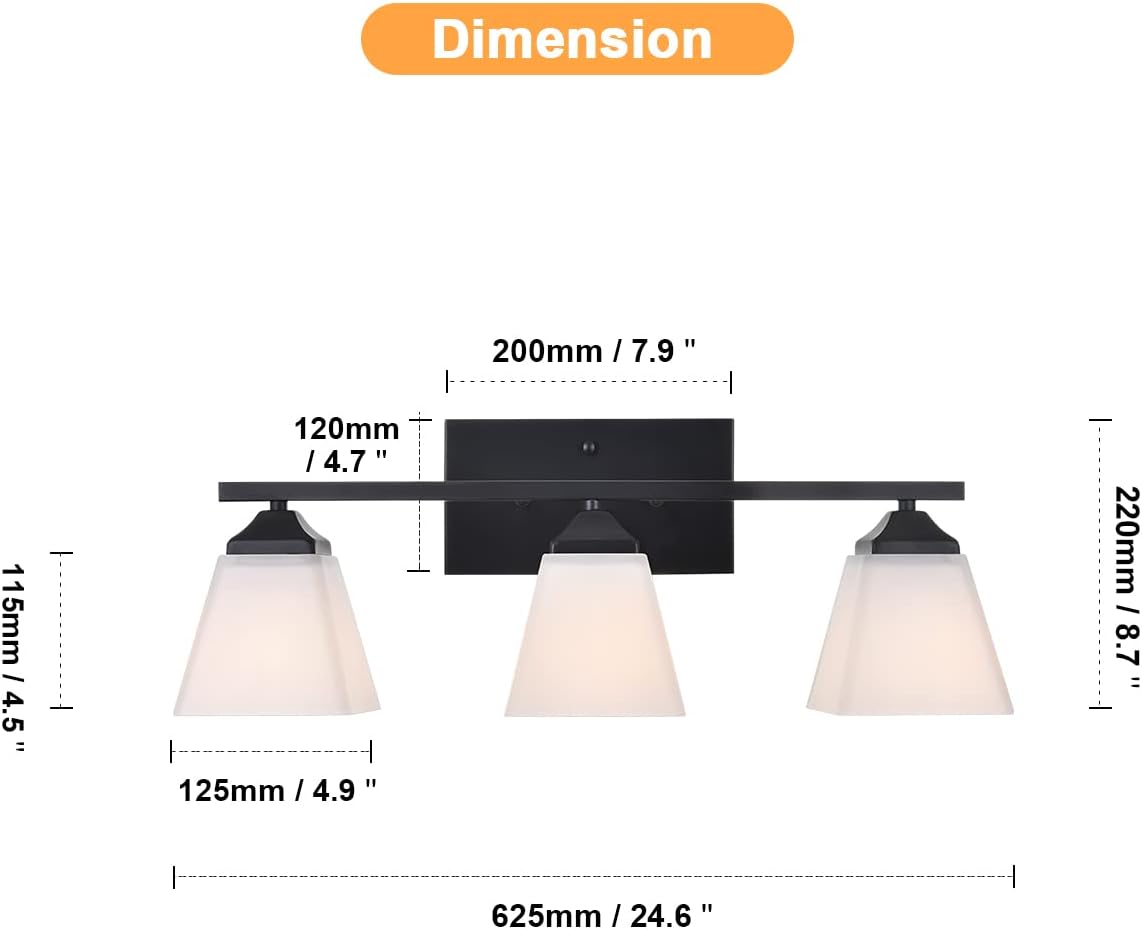 3 Light Black Bathroom Vanity Light Fixture with Opal White Glass Shade T6236