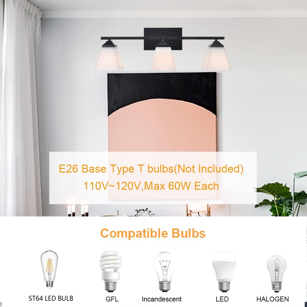 3 Light Black Bathroom Vanity Light Fixture with Opal White Glass Shade T6236