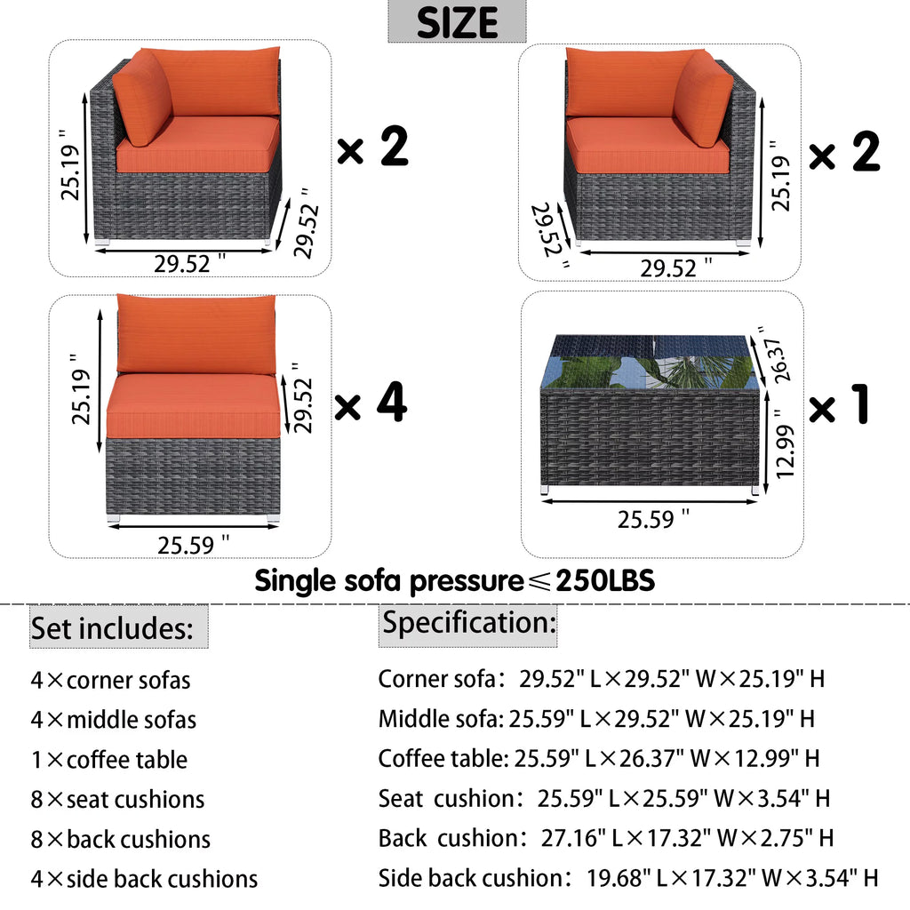 9 Piece All Weather Wicker Patio Sectional Sofa Set with Coffee Table H446353