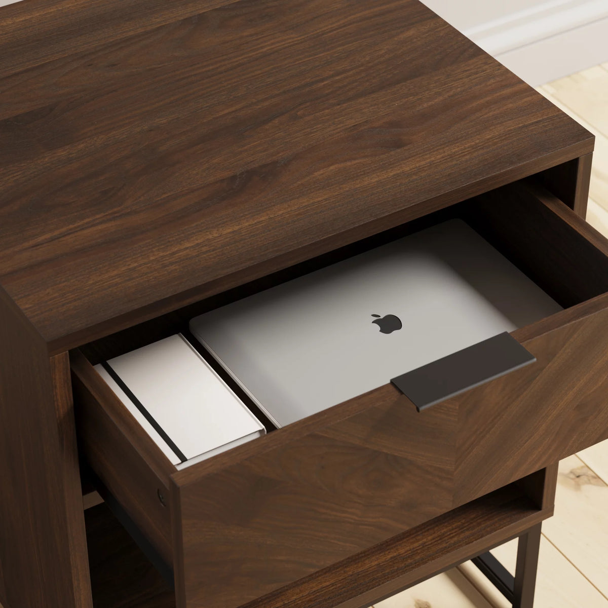 Walnut Rustic Nightstand with Open Cubby and Drawer Z245