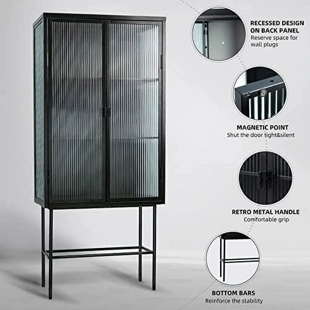 Black Fluted Glass Cabinet with Removable Shelves P2266