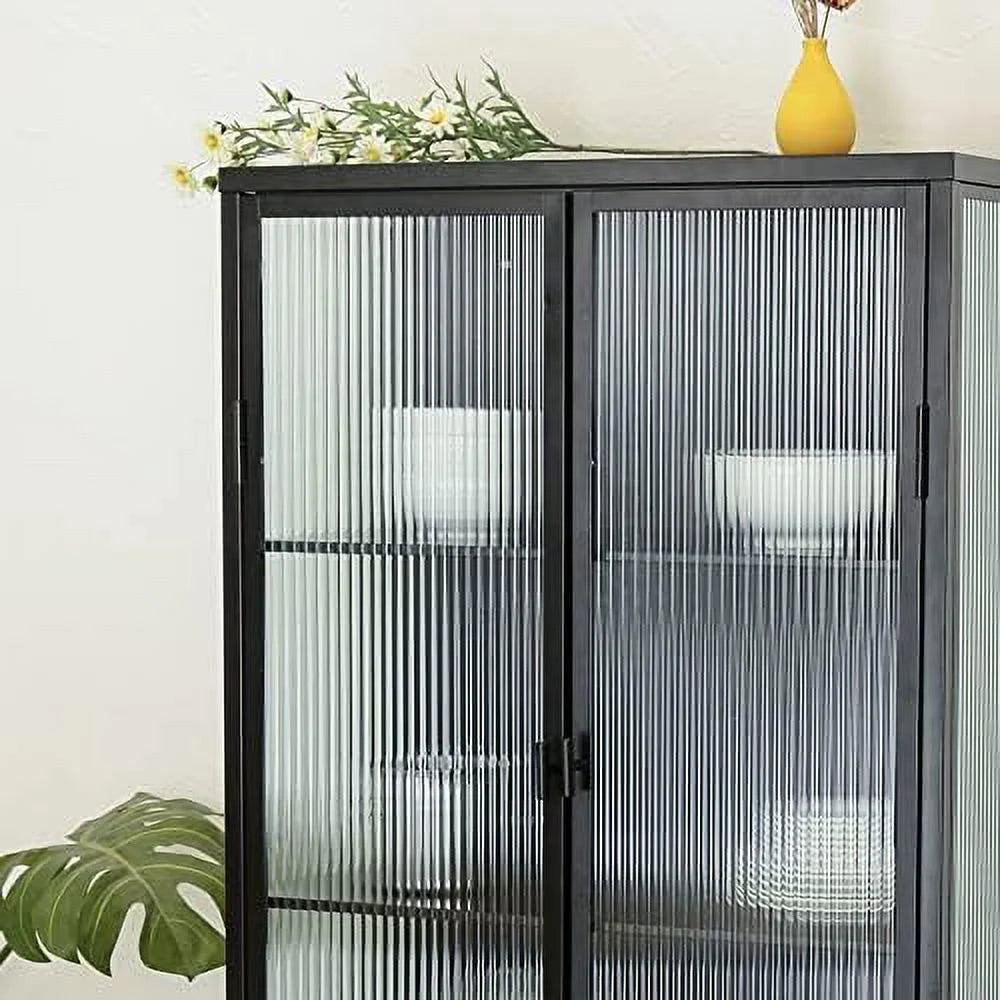 Black Fluted Glass Cabinet with Removable Shelves P2266