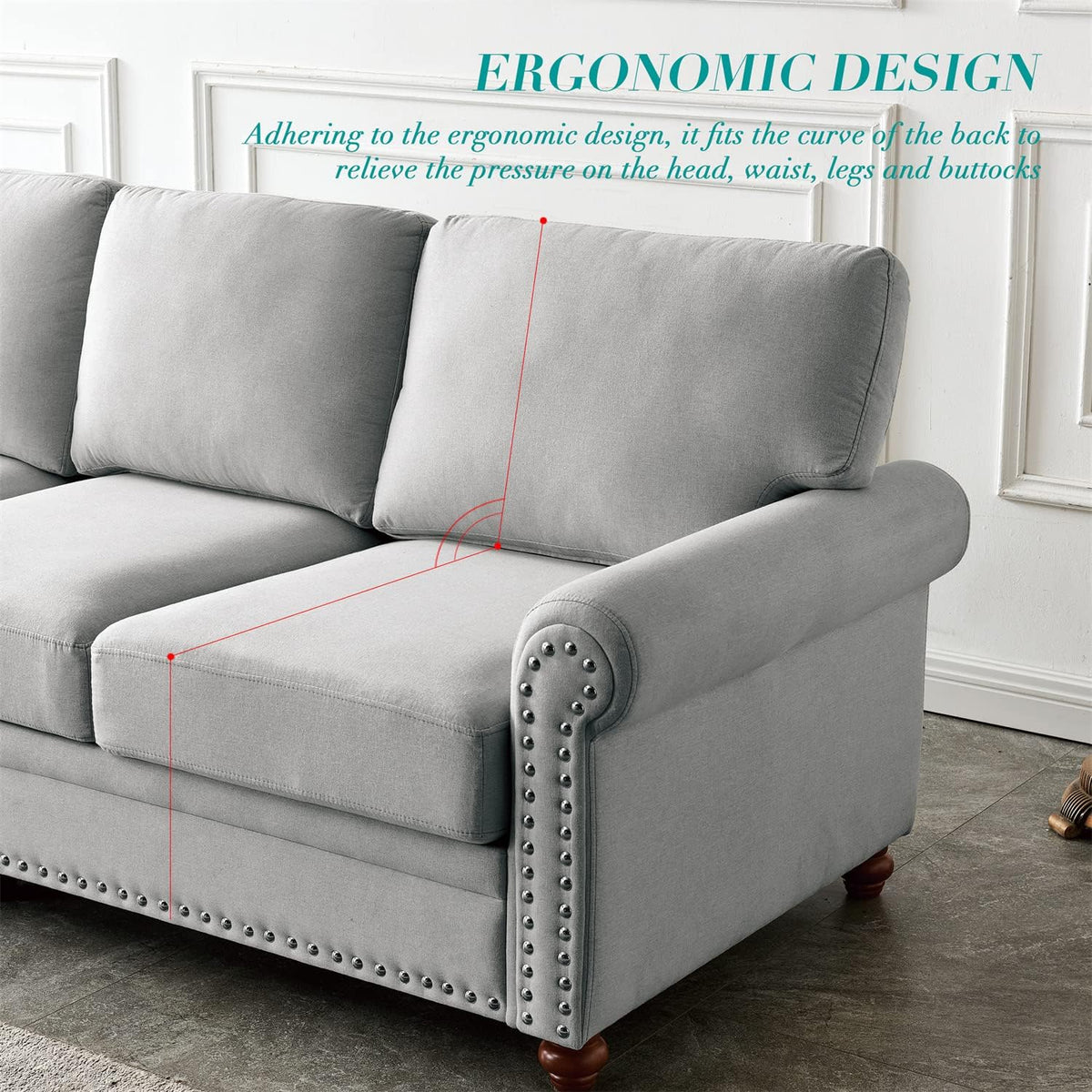 Grey Fabric Upholstered Sofa with Storage and Solid Wood Legs S8966