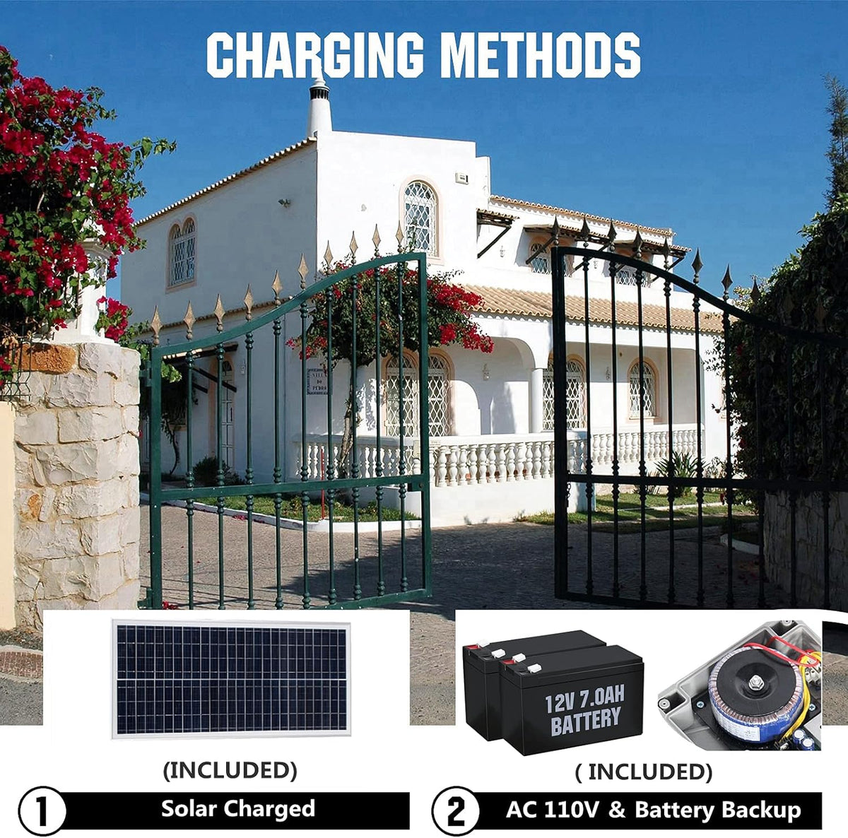 24V DC/AC Heavy-Duty Automatic Solar Dual Gate Opener Kit with Keypad + Car Sensor for Swing Gates Up to 16.4 Feet U20490