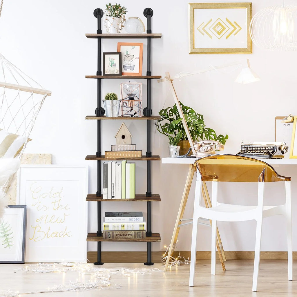 Brown 6-Shelf Rustic Pipe Shelving Unit L844635