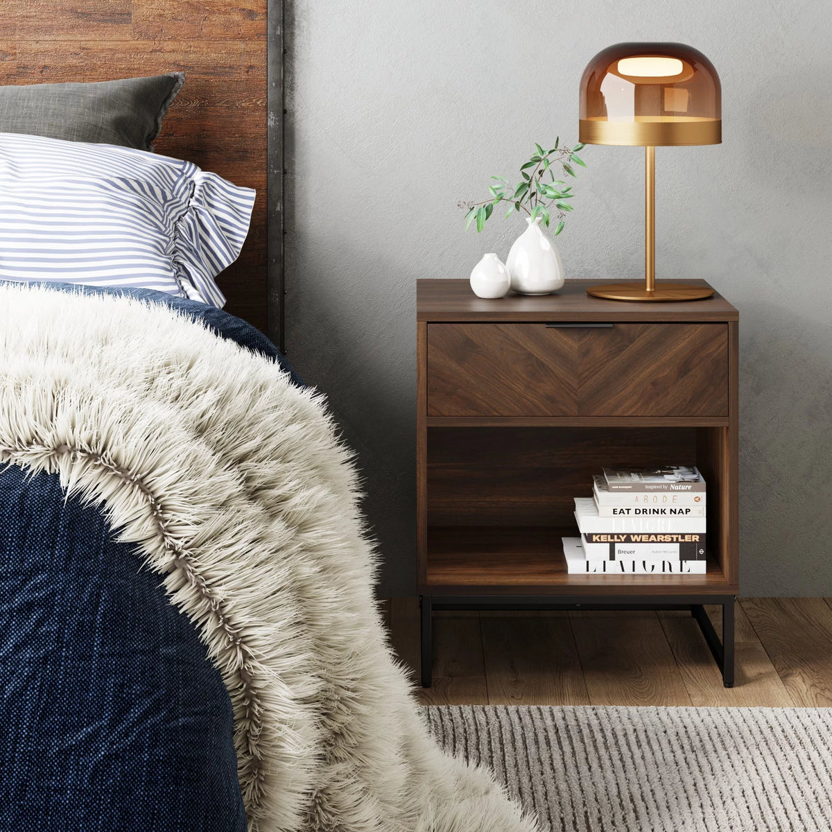 Walnut Rustic Nightstand with Open Cubby and Drawer Z245