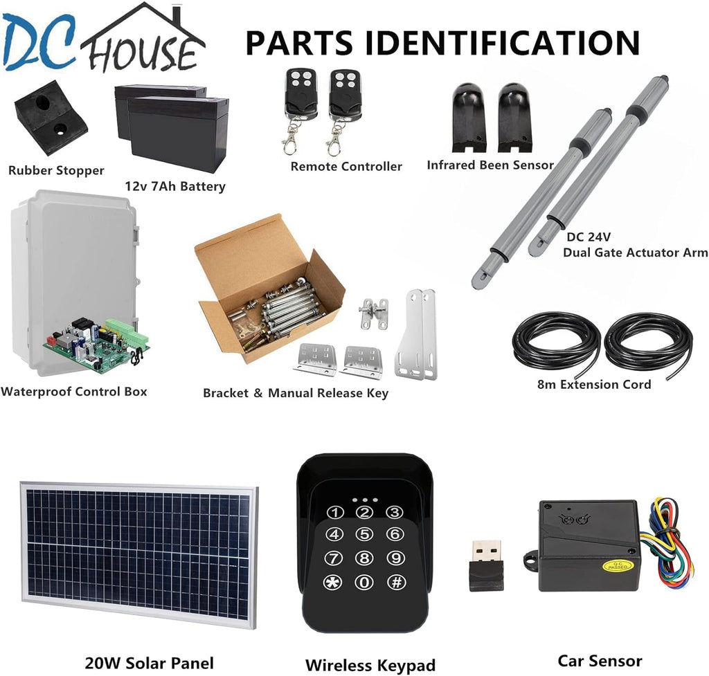 24V DC/AC Heavy-Duty Automatic Solar Dual Gate Opener Kit with Keypad + Car Sensor for Swing Gates Up to 16.4 Feet U20490