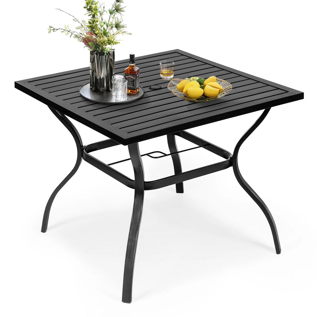4 Seat Metal Square Outdoor Dining Table with Umbrella Hole, Black H83548