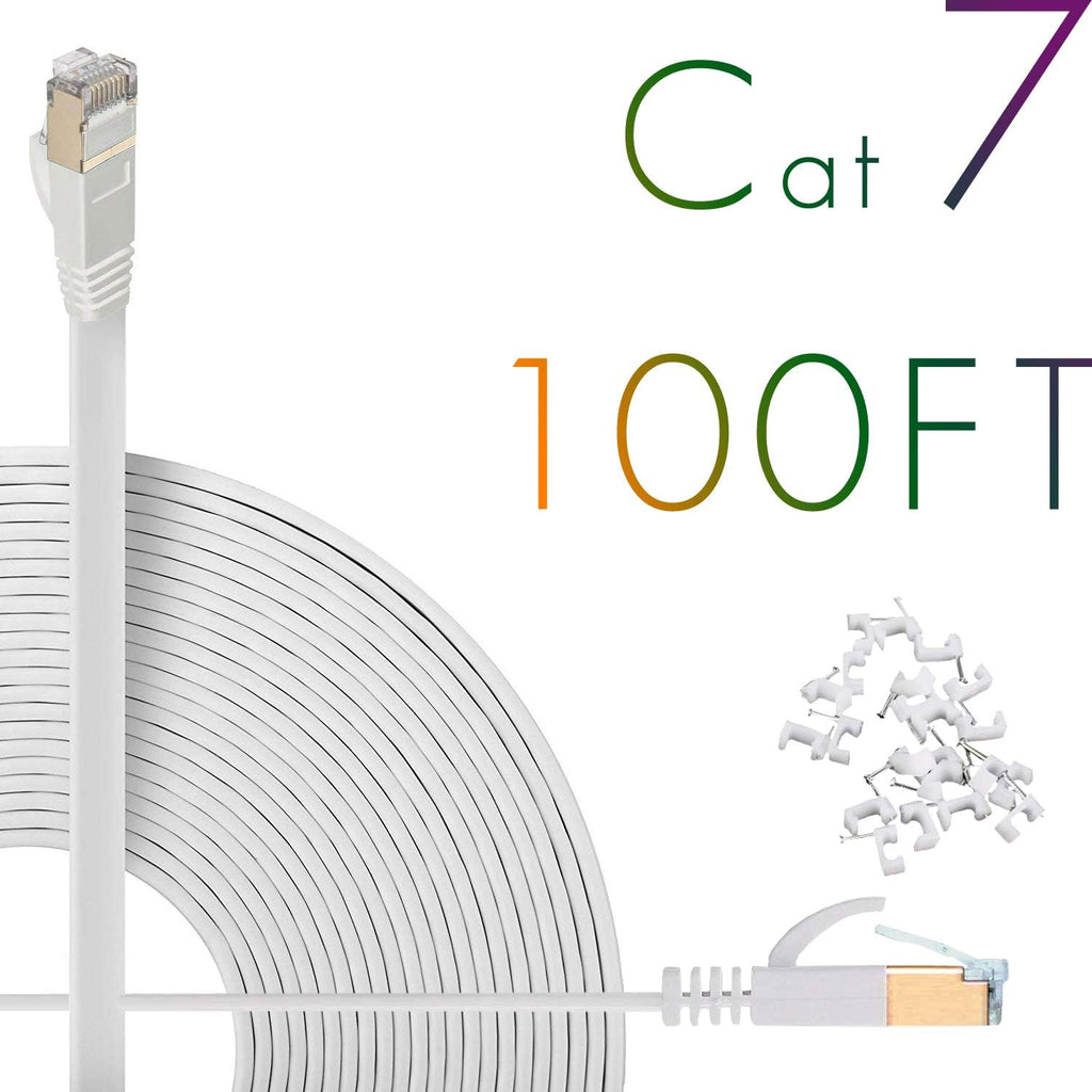 Cat7 Ethernet Cable 150ft Flat Shielded (STP) Solid Network Cord with Snagless RJ45 Connectors (White) F115