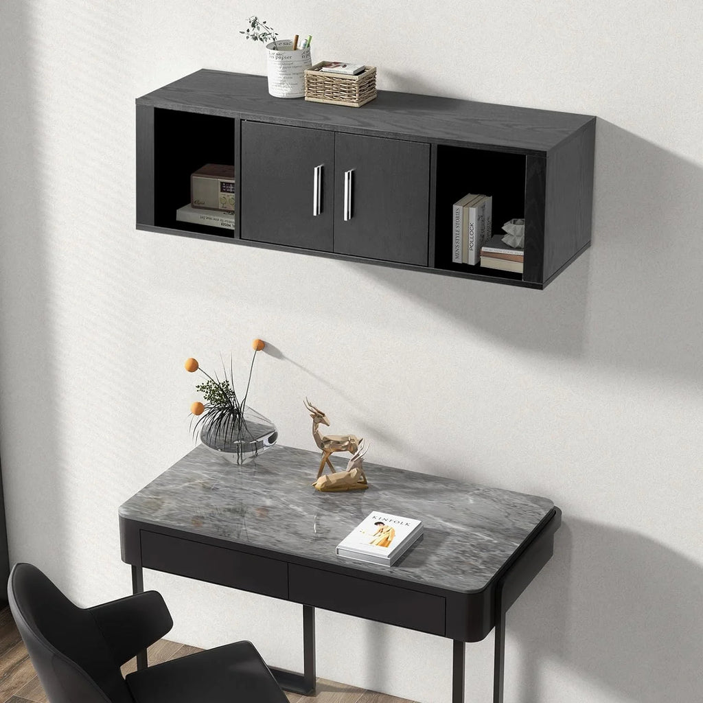 Wall Mounted Storage Cabinet 2 Cube Floating Desk with 2 Doors and 2 Open Shelves Black T926