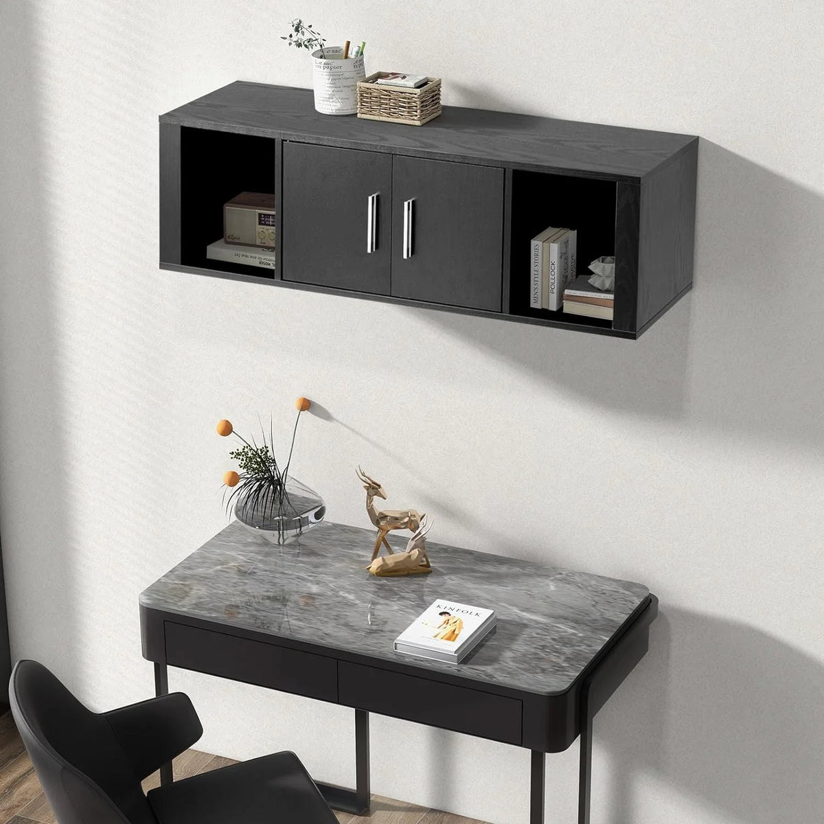 Wall Mounted Storage Cabinet 2 Cube Floating Desk with 2 Doors and 2 Open Shelves Black T926