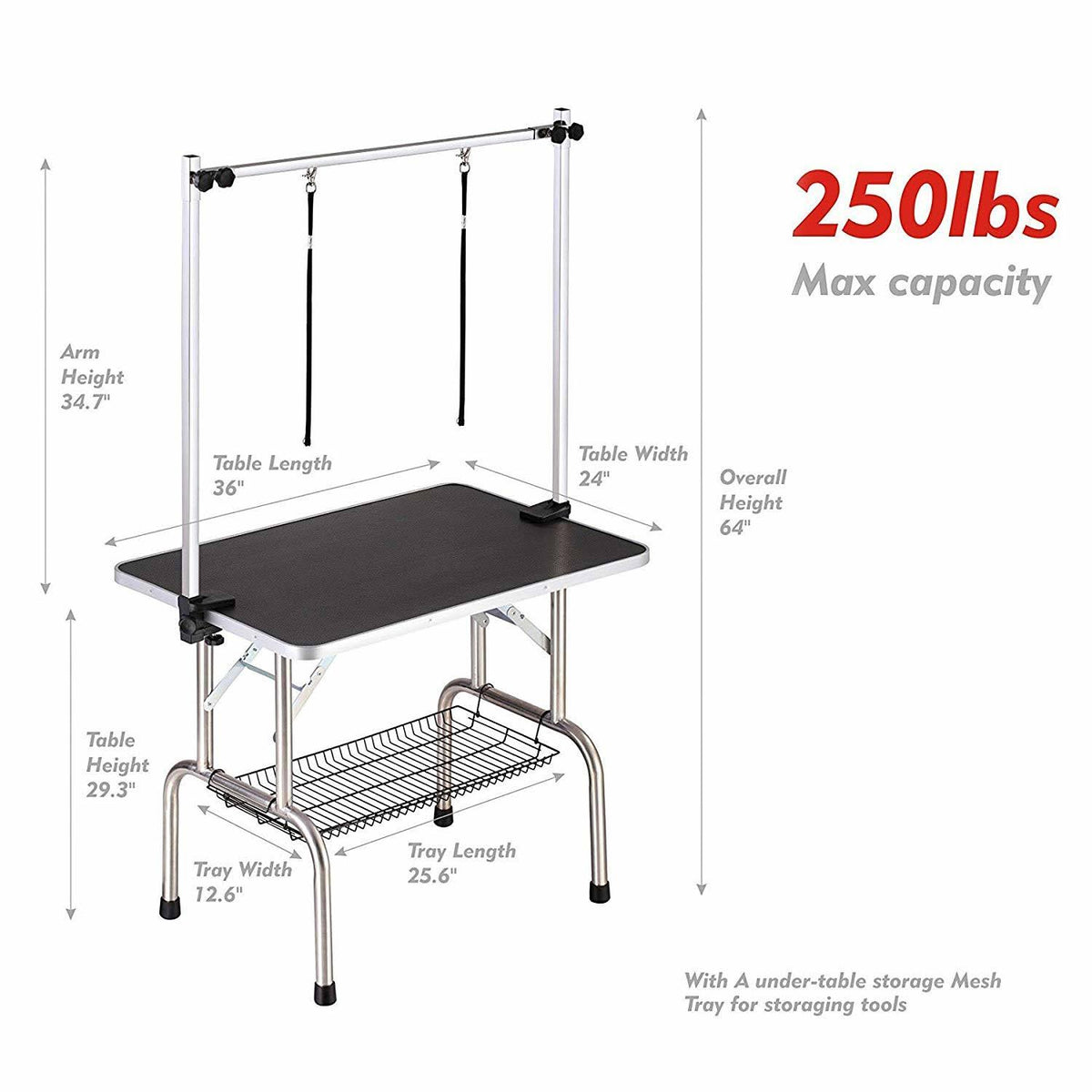 Adjustable Heavy Duty Dog Grooming Table with Arm, Noose, Mesh Tray L3610