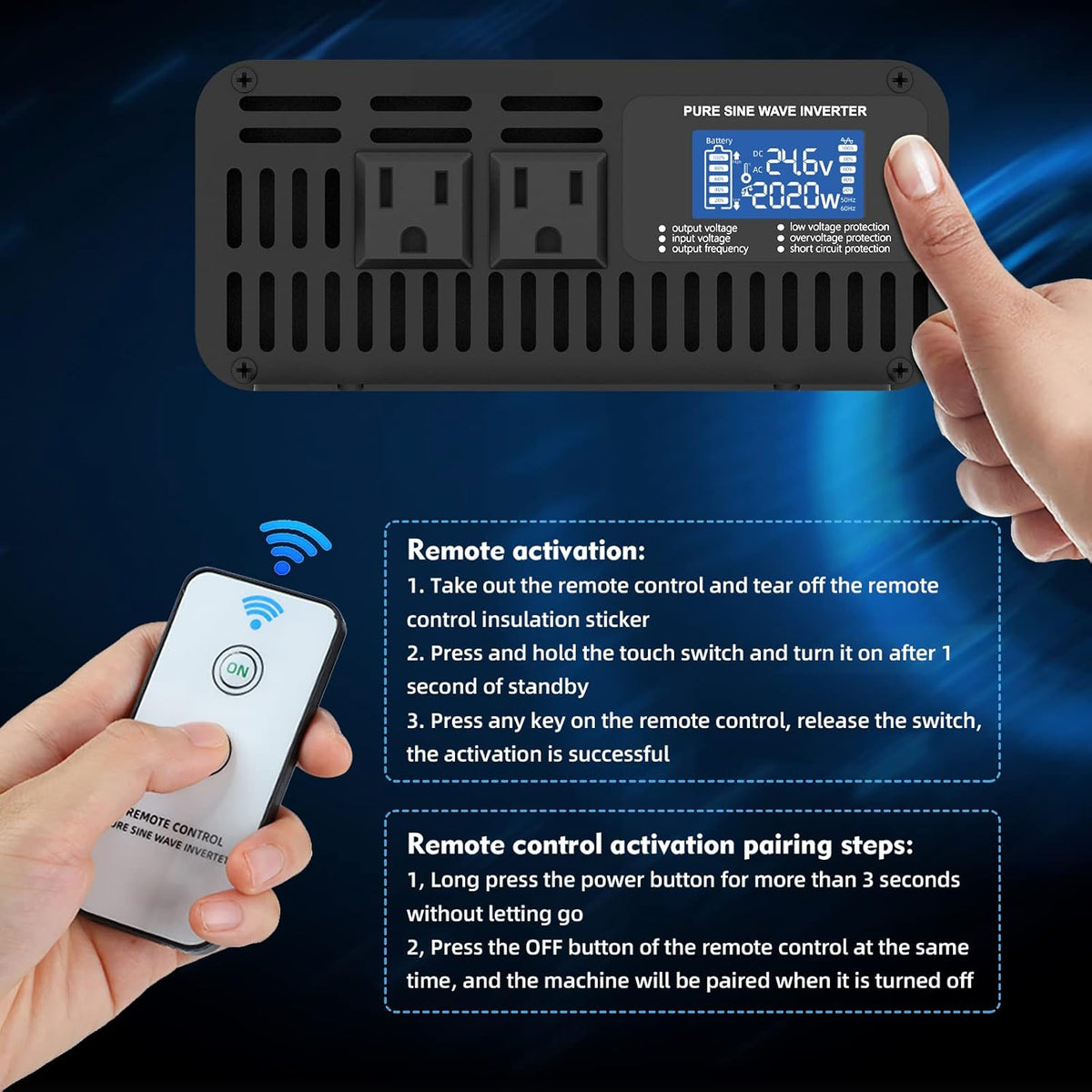 1000W Pure Sine Wave Power Inverter DC 24V to AC 110V-130V with LCD Display and Wireless Remote Control V5029