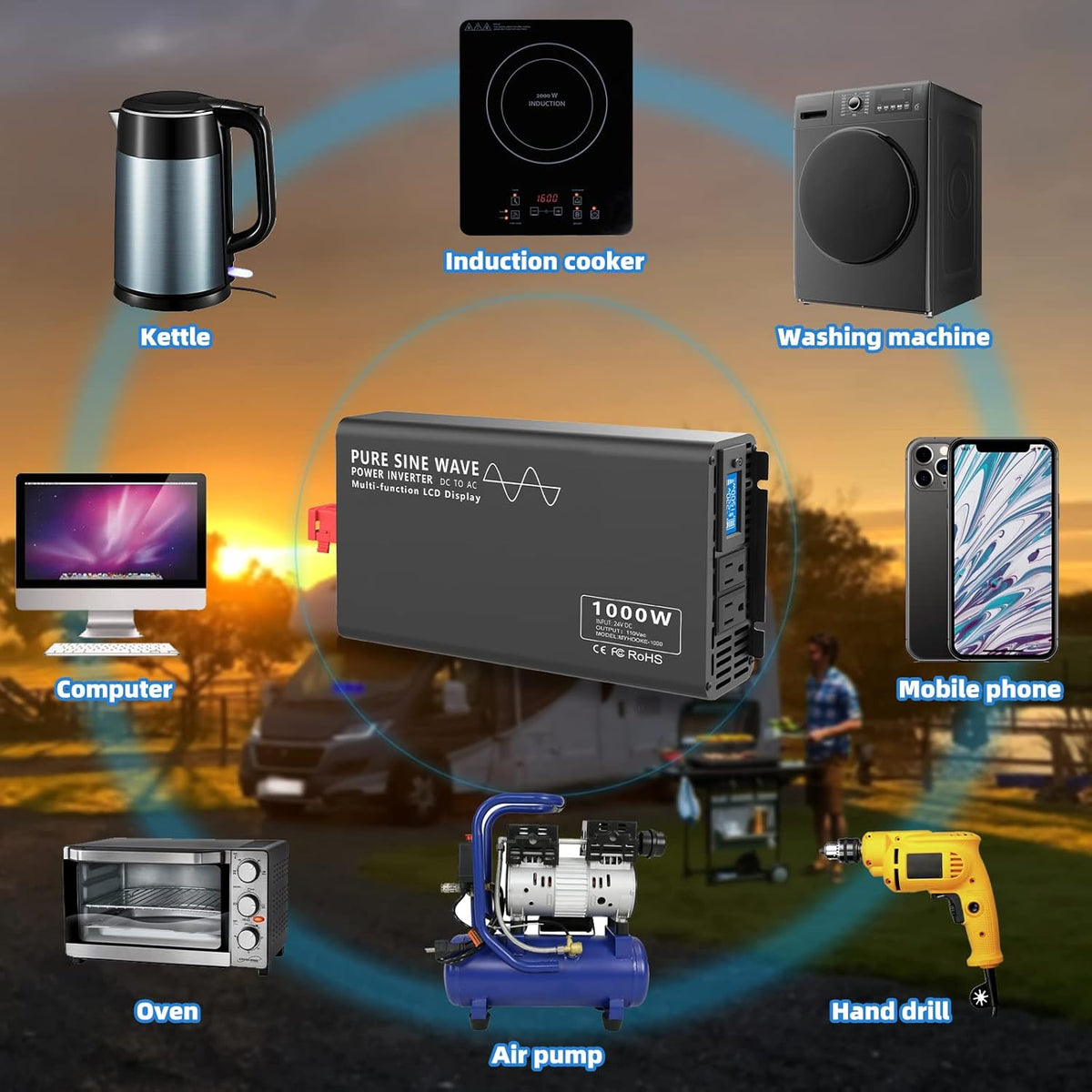 1000W Pure Sine Wave Power Inverter DC 24V to AC 110V-130V with LCD Display and Wireless Remote Control V5029