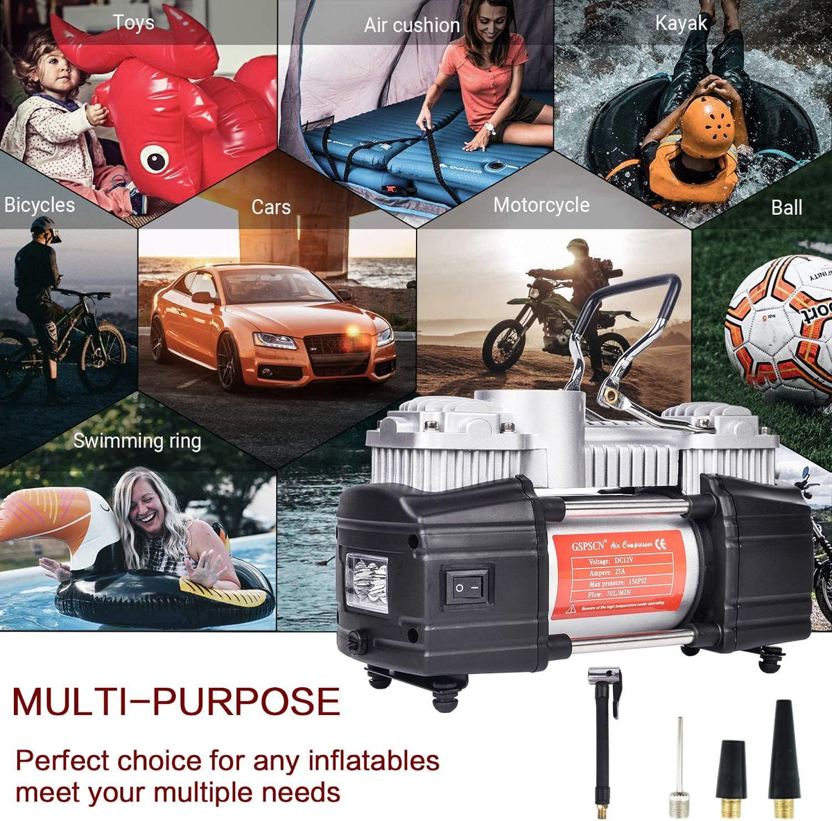 Portable Air Compressor Pump Tire Inflator with Digital Gauge, Heavy Duty Double Cylinder 12V Tire Pump 150 PSI with Tire Repair Kit and Toolbox, Pack of 2 N344