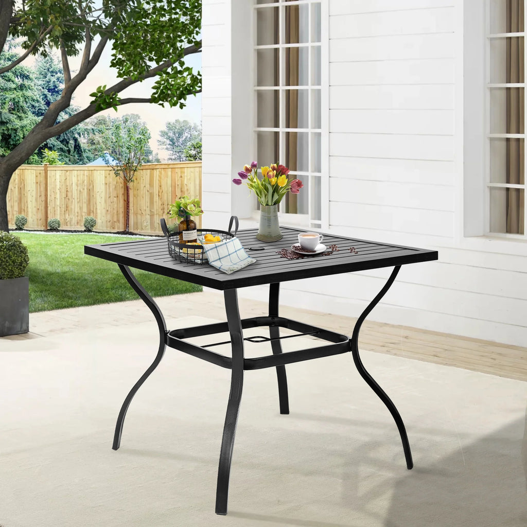 4 Seat Metal Square Outdoor Dining Table with Umbrella Hole, Black H83548