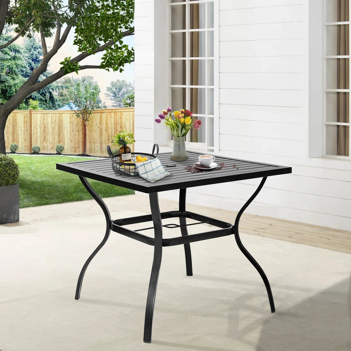4 Seat Metal Square Outdoor Dining Table with Umbrella Hole, Black H83548
