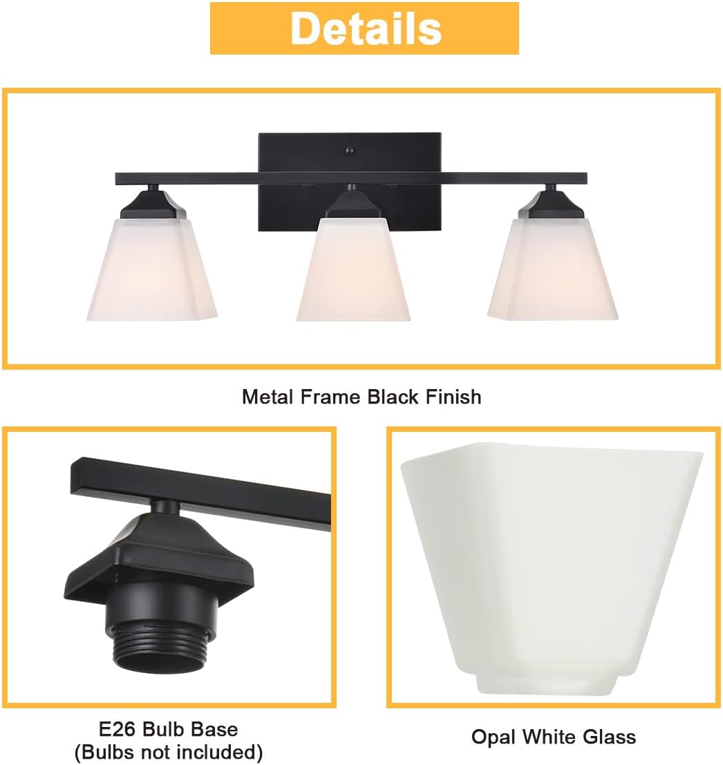 3 Light Black Bathroom Vanity Light Fixture with Opal White Glass Shade T6236