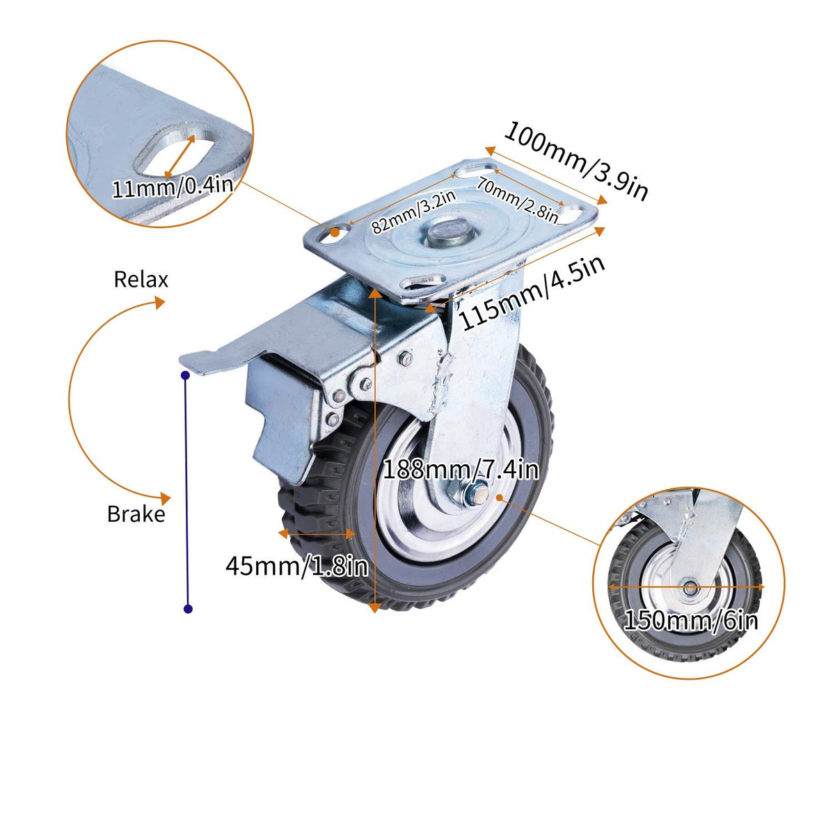 6 inch Heavy Duty Rubber Swivel Caster Wheels 4 Pack with Top Plate W645
