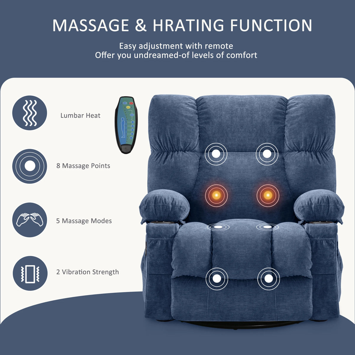 Blue Ergonomic Massage Rocker Recliner Chair with Vibration and Heat P98857
