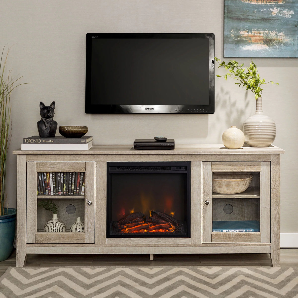 White Oak Fireplace TV Stand D7378