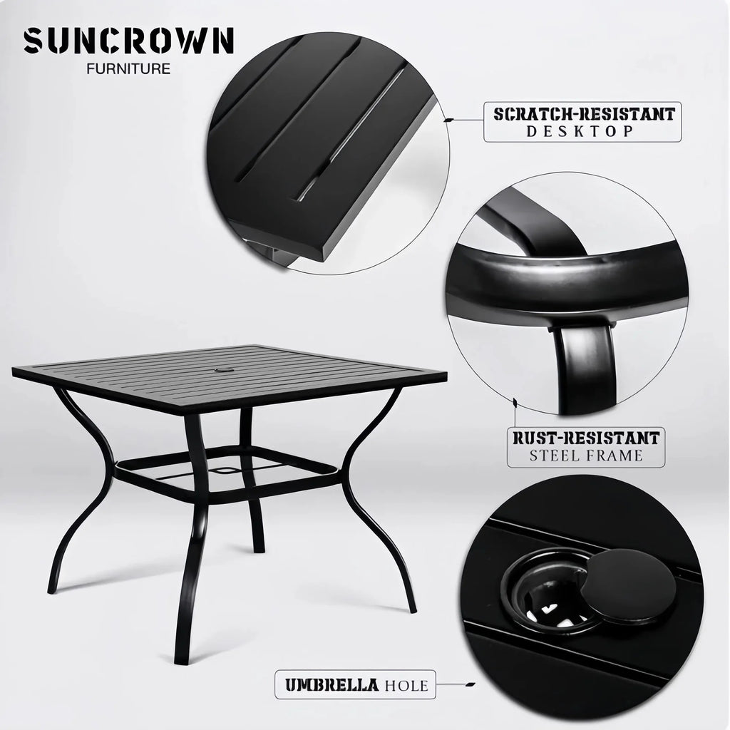 4 Seat Metal Square Outdoor Dining Table with Umbrella Hole, Black H83548